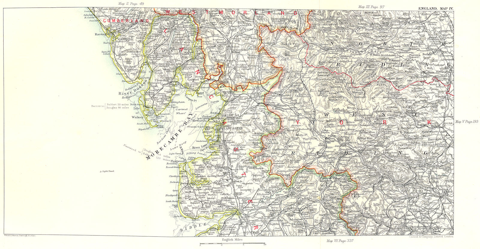 N LANCASHIRE & W YORKSHIRE. Kendal Leeds Morecambe Bay Ribble Valley 1893 map